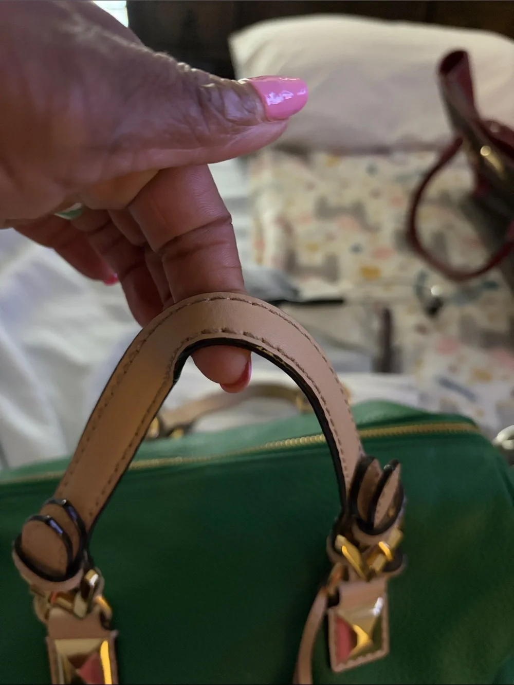 Michael Kors Green Leather Satchel with Beige Trim - Picture 7 of 15